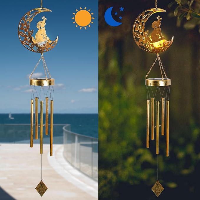 Moon Dog Wind Chime Outdoor, Handcrafted Metal Garden Wind Chimes with Dog & Moon Charms, Soothing Wind Bells for Patio Porch Decor, Weatherproof Gift for Lovers & Pet Owners Rootora