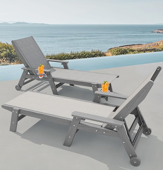 SERWALL Patio Chaise Lounge Chair, 5 Positions Outdoor Lounger for Pool, Textilene Lounge Chair with Rolling Wheels for Poolside, Deck, Grey SERWALL