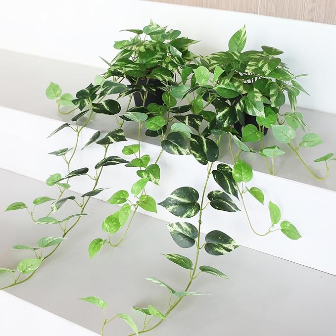 Fake Pothos Hanging Plants - 33" Set of 2 Artificial Silk Ivy Vines with Pots, Realistic Faux Greenery for Indoor Home Office Bathroom Decor, Low Maintenance Hanging Plant Decoration - Golden Green ALYPTUS