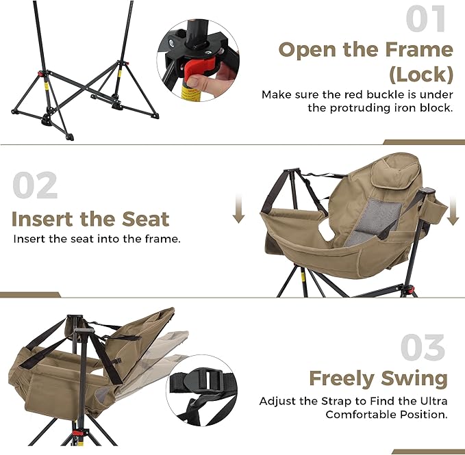 Ainfox Hammock Camping Chair, Foldable Portable Rocking Chairs for Adults Outside Swinging Camp with Cup Holder Pillow for Outdoor Patio Poolside (Brown) Ainfox