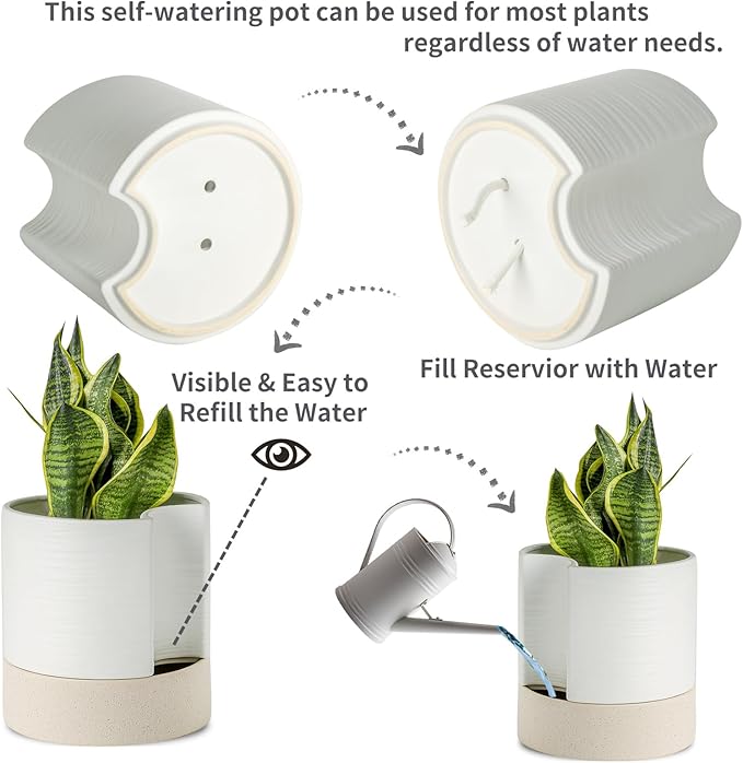 Nihow Self Watering Plant Pot: 8 Inch Ceramic Planter with Drainage Hole & Water Storage Plus for Indoor & Outdoor Plants - Cylinder Round Flower Pot for Succulent/Herbs/Violets - White & Brown Nihow