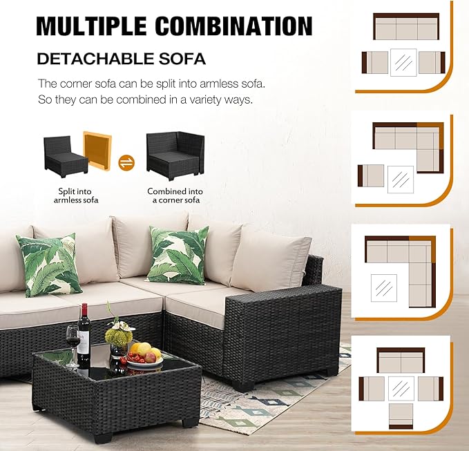 6 Pieces Patio Furniture Set All-Weather Outdoor Wicker Sectional Conversation Sofa Rattan Patio Seating Sofa with Cushion and Glass Table for Porch Poolside,Beige JOYURE
