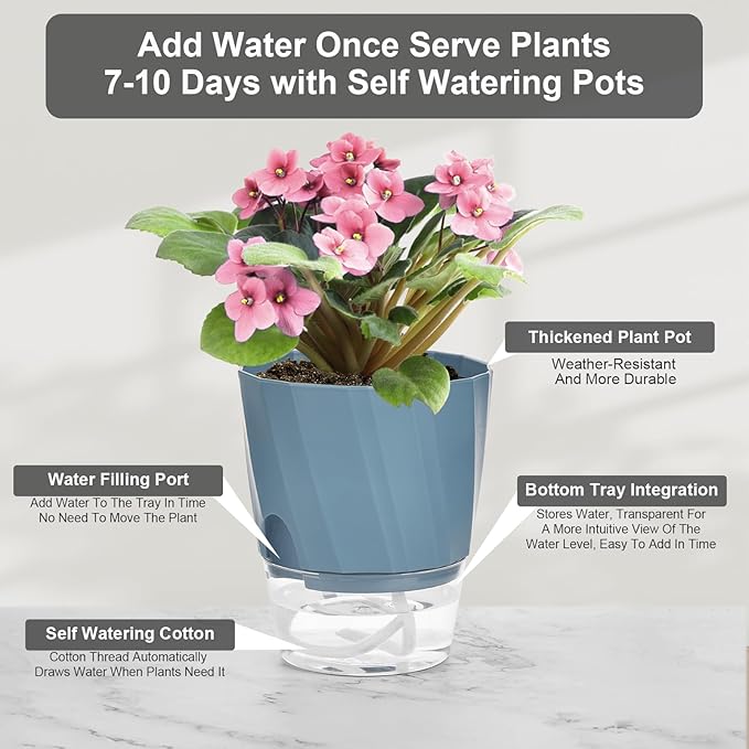 KIMCHOMERSE Self Watering Plant Pots, 4.7 Inch Plant Pots 3 Pack Indoor Planter Pots with Drainage Holes and Tray for Home Decor（White, Pink, Blue） KIMCHOMERSE