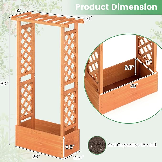 Giantex Raised Garden Bed with 2-Sided Trellis & Hanging Roof, Fir Wood Planter Box w/Drainage Holes, Bottom Gaps, Freestanding Garden Planter for Flowers Herbs Climbing Vines (31" x 12.5" x 60") Giantex