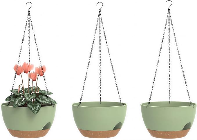 Hanging Planters 3-Pack, 8 Inch Self-Watering Hanging Pots with Drainage Hole and Chains, Plastic Planters for Indoor Outdoor（Green Brown） Rootora