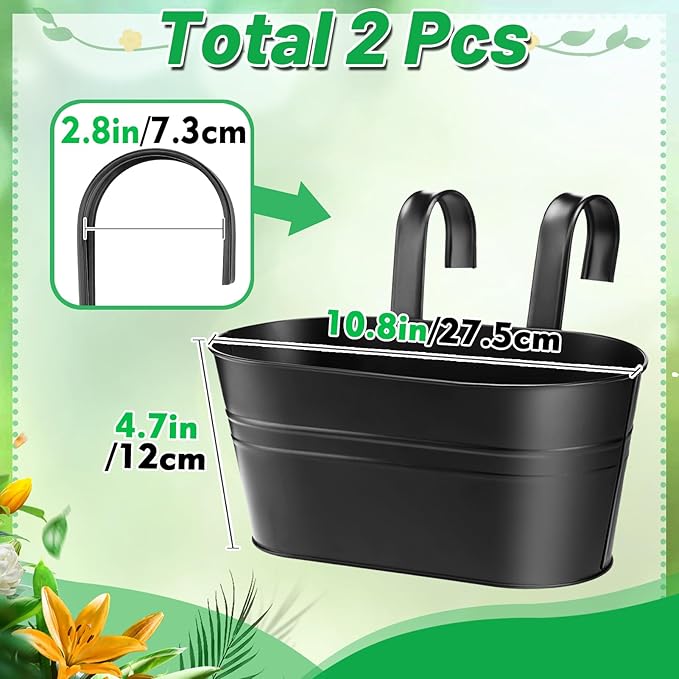 MADHOLLY Railing Planter with Drainage Holes - Sturdy Bucket Pots for Railing Fence, Countryside Style Metal Flower Pots for Herbs Balcony Garden Yard Decor, 2Pcs, Black MADHOLLY