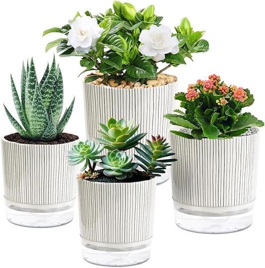 Self Watering Pots for Indoor Plants, 5 & 4 Inch Stylish Flower Pots, Set of 4 Modern Planters with Self Watering Plant Feature (Black Stripes) Etvski