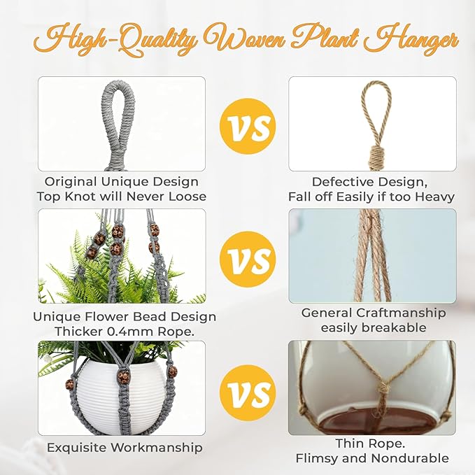 35 Inch Macrame Plant Hanger, Large for up to 15 Inch Pot Extra Long Hanging Planter Holder Basket with Wood Beads for Indoor Outdoor Home Decor (Grey, 2-Pack) Rootora