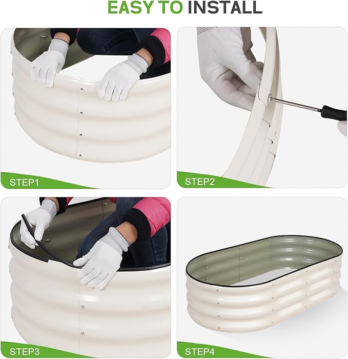 Galvanized Raised Garden Bed Outdoor - 4×2×1ft Planter Raised Beds for Gardening | Oval Metal Garden Planter Box with Safety Edging and Gloves for Vegetables Fruits and Flowers - White BIRDSINYARD