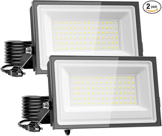 110W Flood Lights Outdoor, LED Work Light with Plug, Daylight White 6500K LED Flood Light, IP66 Waterproof Exterior Security Lights for Yard Garage Stadium 2 Pack Meloght