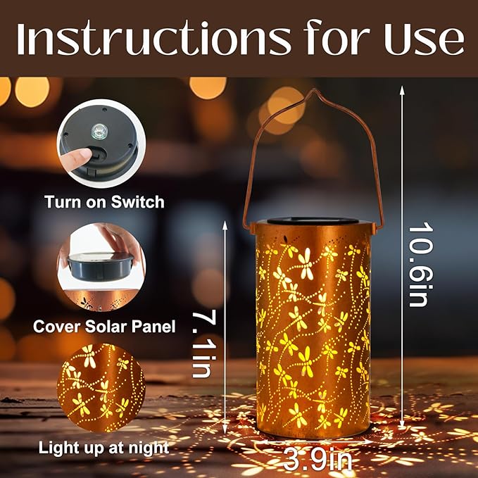 4 Pack Solar Lanterns Outdoor Hanging Lantern Lights, Dragonfly Hollowed-Out Metal Decor Lantern, Waterproof LED Decorative Garden Light - Delicate Garden Decoration for Patio, Yard DIBIEECN