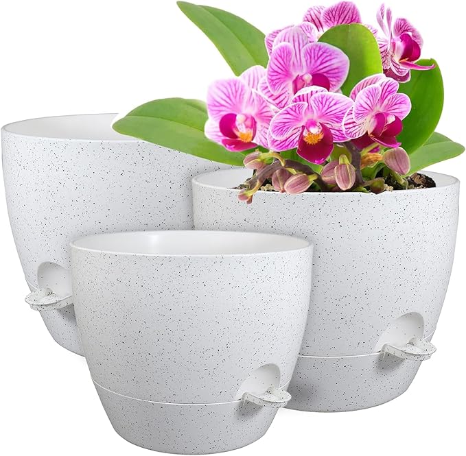 12/10/9 inch Large Self Watering Pots, Plant Pots with Mesh Drainage Holes for Indoor Outdoor Garden Plants, Flower Pots with Deep Reservoir, Set of 3 Plastic Planters, Specked White WSMKSZ