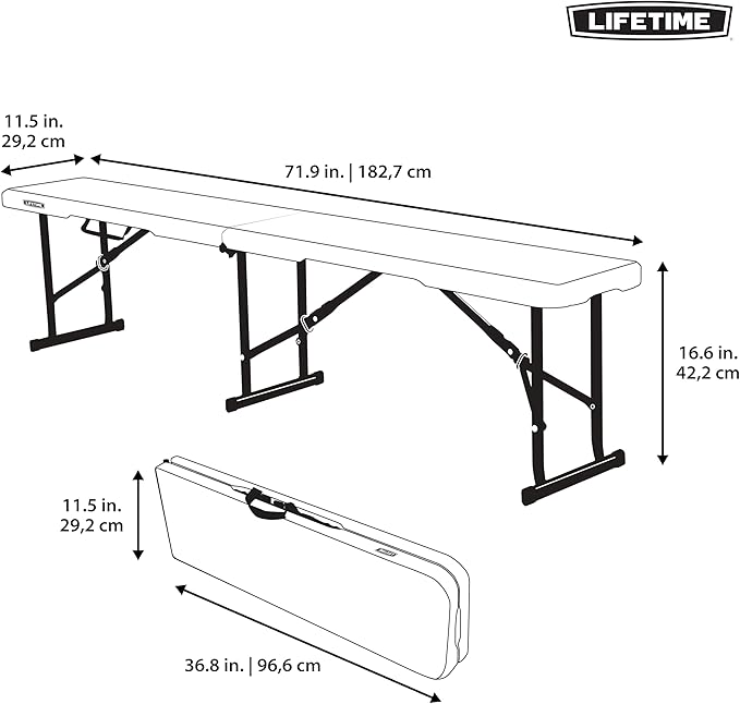 LIFETIME Portable Folding Bench, 6‑Foot Fold‑in‑Half, UV‑Resistant Seat, Powder‑Coated Steel Frame, Lightweight, Stain‑Resistant, Non‑Marring Foot Caps, Indoor/Outdoor Portable Seating Lifetime