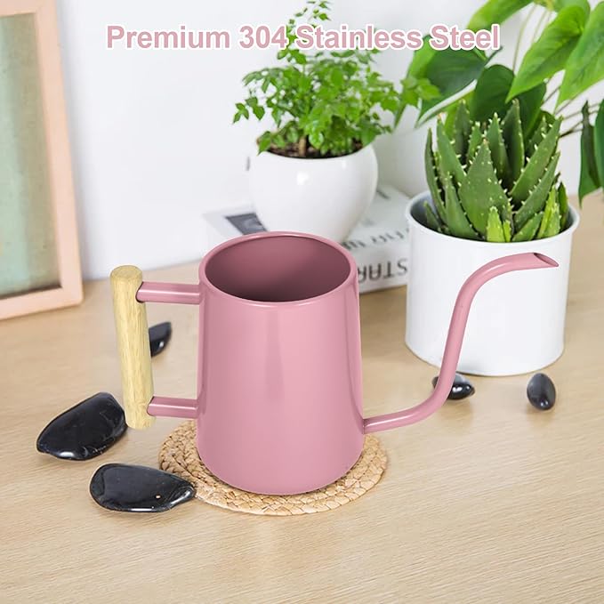 Watering Can Indoor Plants, 35 oz/1000 ml Metal Stainless Steel Watering Can Pot with Long Spout for Indoor House Plants Bonsai Outdoor Garden Flower Decorative (Pink) Rootora