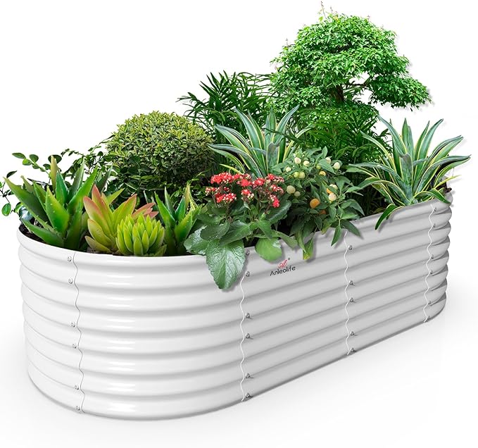 A ANLEOLIFE 8x4x2ft Galvanized Raised Garden Bed Kit, Oval Metal Deep Root Planters for Outdoor Plants Vegetables Flowers Herb, Large Bottomless, 478 Gallon Capacity- Antique White AAnleolife