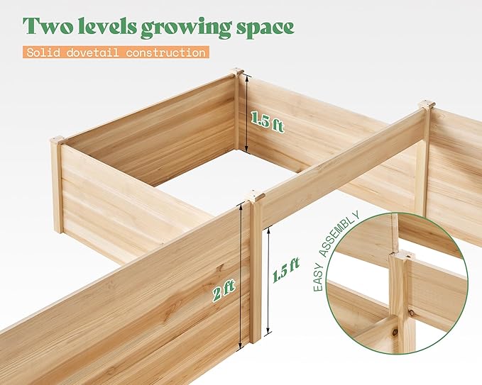 AMERLIFE Raised Garden Bed – 12x12x2 ft H-Shaped Wooden Planter Box, 180 Cu. Ft Capacity, Double-Layer Design for Outdoor Patio, Yard, and Garden Use AMERLIFE