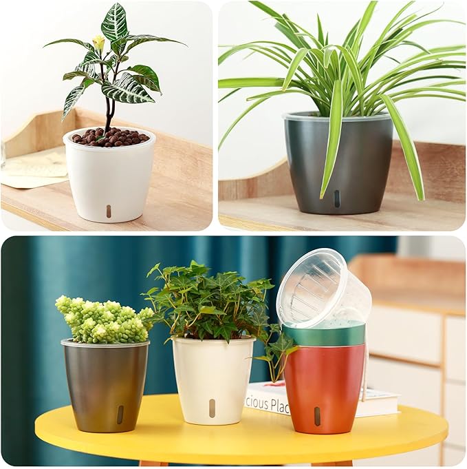 Self Watering Pots for Indoor Plants, 6-Pack 5'' Self Watering Planter with Drainage Holes, Small African Violet Pots with Water Indicator, Clear Wick Orchid Pot, Grey KvyusFlourish