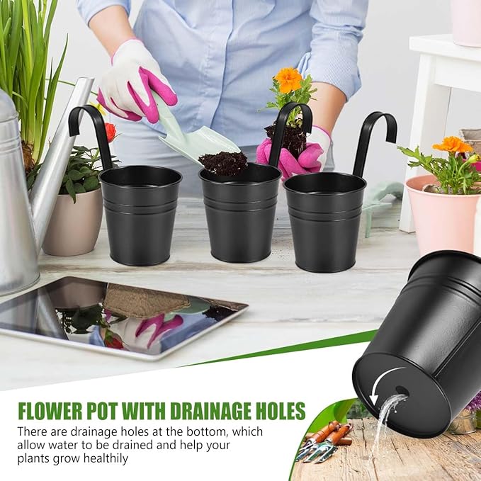 OBTANIM 12 Pack Metal Hanging Flower Pots Railing Planter Outdoor Fence Hanging Bucket Plant Holder with Detachable Hooks Drain Holes for Home Garden Yard Decor (Black, 4 x 4 Inch) OBTANIM