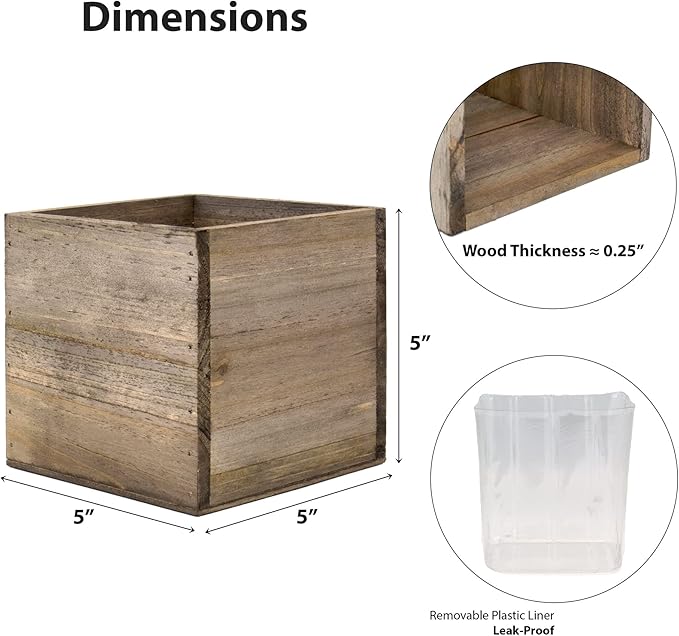 CYS EXCEL Cube Planter Box with Removable Plastic Liner (5"x5"x5")(4 PCS) | Multiple Size Choices Wood Square Planter | Indoor Decorative Window Box CYSEXCEL%C2%AE