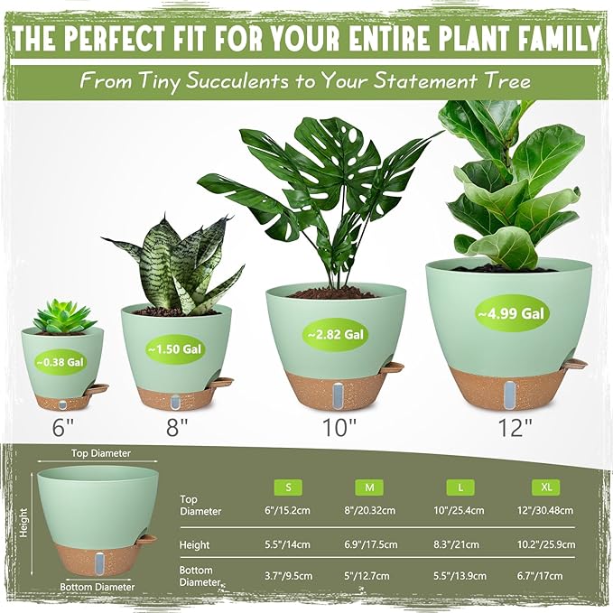 Self-Watering Pots for Indoor Plants 4 Pack, 6/8/10/12 Inch Outdoor Planters with Water Level Indicator&Deep Reservoir, Decorative Flower Pots for Indoor Plants,Home Decor (Green, 12+10+8+6 inch) GOPROAUTO