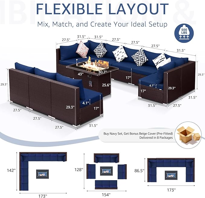 NICESOUL Modern Outdoor Patio Sectional Sofa Set with Firepit Natural Gas/Propane, 29.3'' High Back Wicker Conversation Set, 10 Seats Large Deep Seating Furniture, Brown Rattan and Navy Blue Cushion NICESOUL