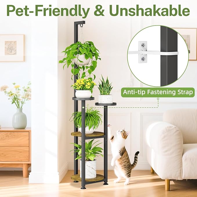 iDavosic.ly 4 Tier Hanging Plant Stand Indoor, Tall Vertical Corner Metal Flower Heavy Duty Pot Holder Shelf for Patio Porch Living Room, Modern Black & Rustic Brown - Round iDavosicly