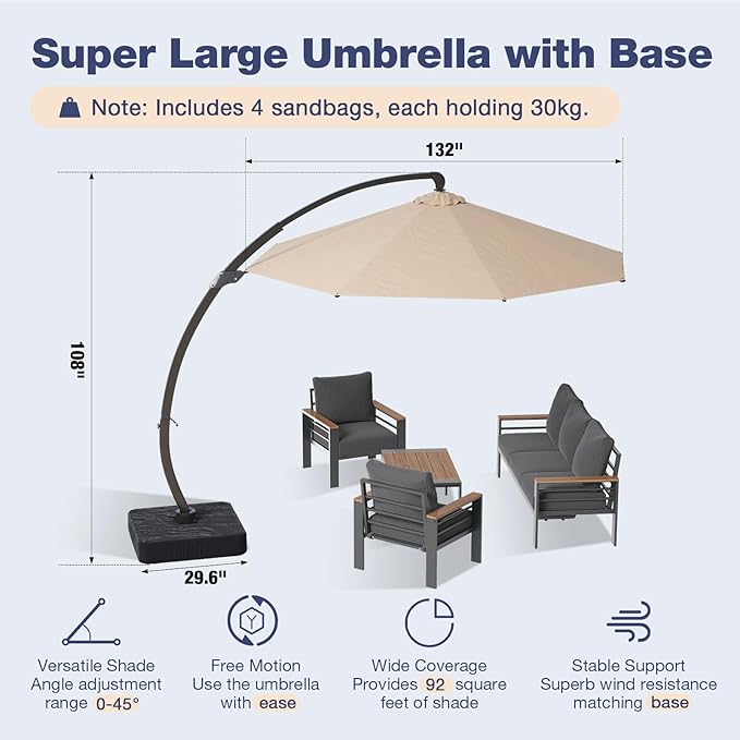Aoxun Aluminum Patio Furniture Set with Umbrella 5 Seats, Oversized Outdoor Sectional with Washable Thick Cushions, Coffee Table and Waterproof Cover, Patio Conversation Sets for Porch, Balcony, Deck Aoxun