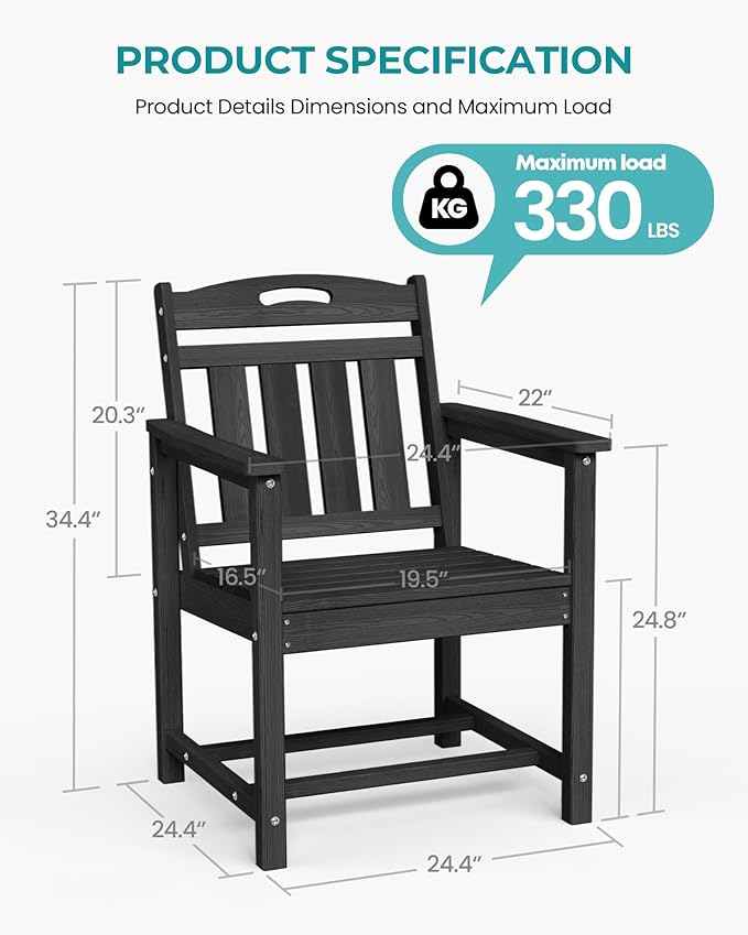 Outdoor Patio Dining Chair - All-Weather Fade-Resistant HDPE, Low Maintenance - for Garden, Backyard, Deck - New Black Suunyn