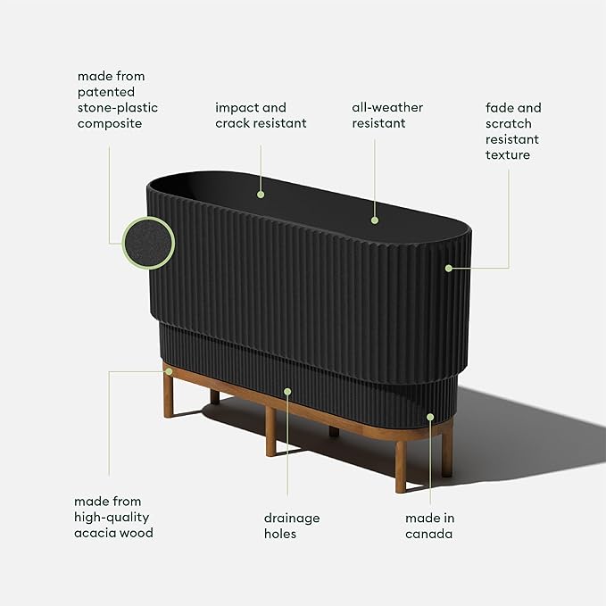 Veradek Demi Series Raised Long Planter for Indoor/Outdoor Use | Made from Plastic & Stone w/Wooden Stand | Modern Patio Décor for Flowers/Shrubs VeradekOutdoor