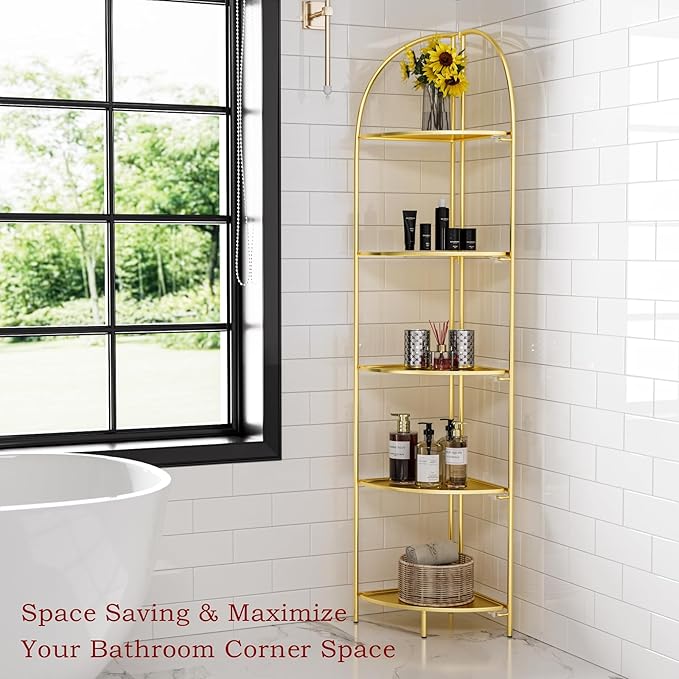 Crofy Foldable 5 Tier Corner Shelf, Metal Corner Plant Stand with Gold Frame and Gold Shelves, Corner Display Rack Multipurpose Shelving Unit for Living Room, Bedroom, Bathroom CrofyLLC