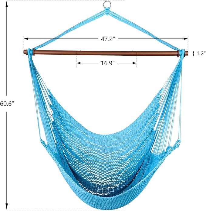 Upgraded Caribbean Hammock Chair with Detachable Metal Bar, Large Hammock Swing Chair, XL Rope Hanging Chair for Outdoor Indoor, 330 LBS Weight Capacity, DeepSkyBlue Bathonly