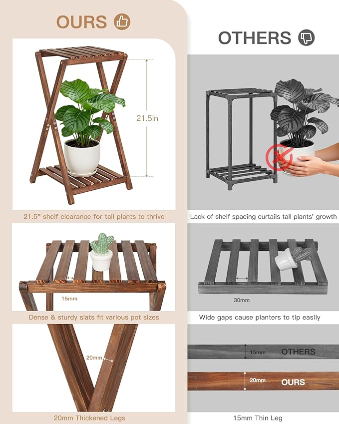 Tall Plant Stand Indoor, Wooden 2 Tier Plant Shelf for Multiple Plants,Corner Square Plant Display Rack,65in Flower Potted Stand for Living Room Balcony Bedroom Office Jotboom