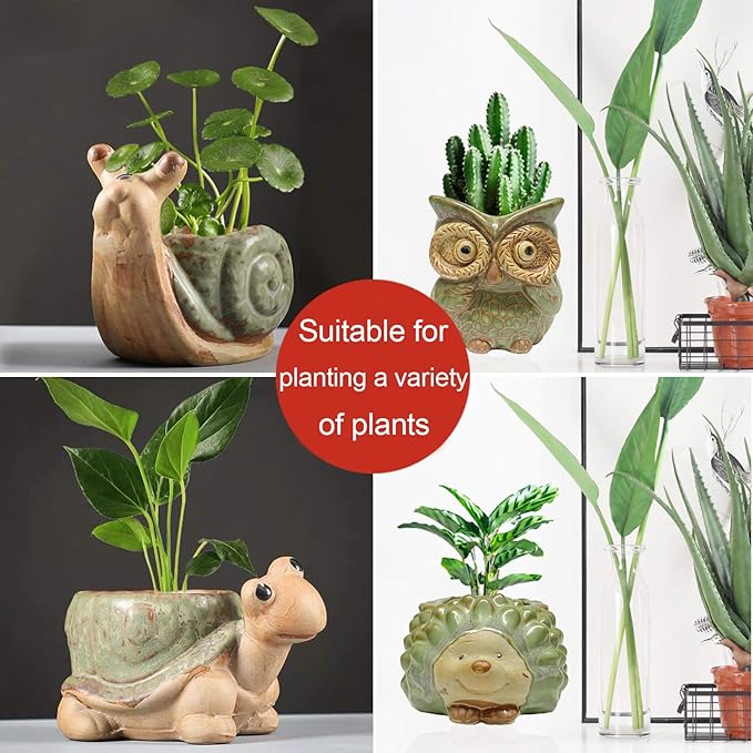 Small Ceramic Succulent Pot with Drainage, Animal Succulent Planter, 4.4 Inch Flower Pots, for Flower, Cactus, Mini Succulent Plants, Indoor and Outdoor use, Set of 4 Garden Gift SUNSMIL