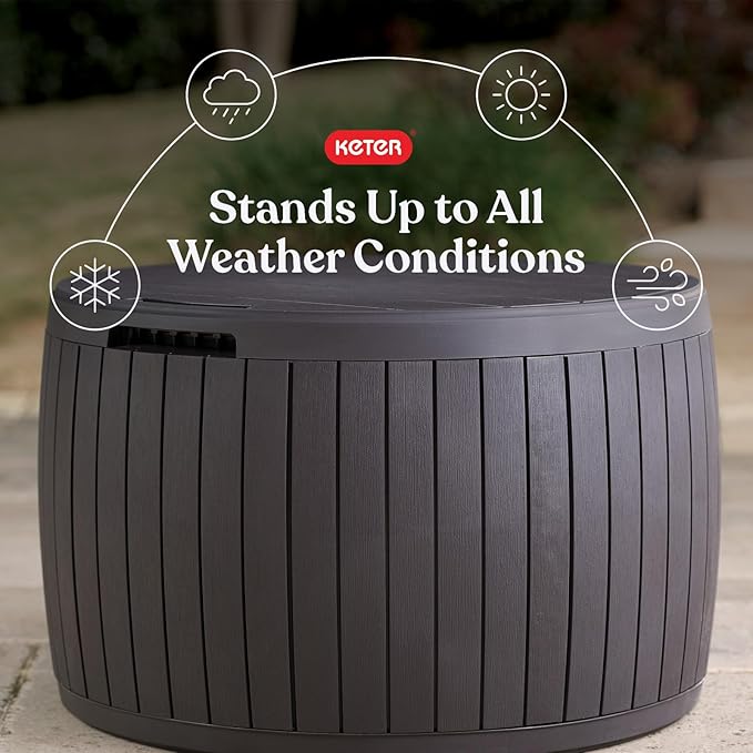 Keter Circa 37 Gallon Deck Box Organizer, Works as Ottoman Chair or Side Table, Brown – Large Resin Round Outdoor Storage and Seating for Garden, Pool, and Patio Keter