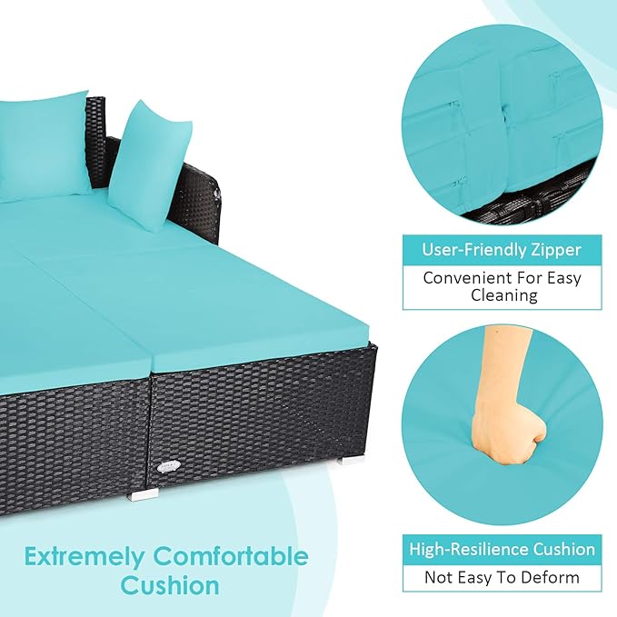 Tangkula Outdoor Rattan Daybed, Sunbed Wicker Furniture w/Spacious Seat, Upholstered Cushion & High-Resilience Sponge, Wicker Patio Sofa Set w/Extra Pillows for Courtyard Poolside(Turquoise) TANGKULA