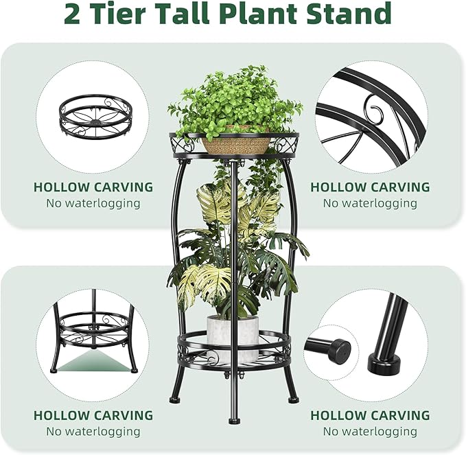 Simple Trending Plant Stand Indoor Outdoor, Tall Round Plant Shelf, 2 Tiers Metal Flower Pot Holder Stand Heavy Duty, for Garden, Balcony, Black SimpleTrending