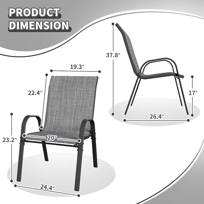 Patio Dining Chairs Set of 6, Outdoor Stackable Dining Chairs High Back, Patio Furniture for Backyard, Porch, Garden, Poolside (Grey) VonzoyHome