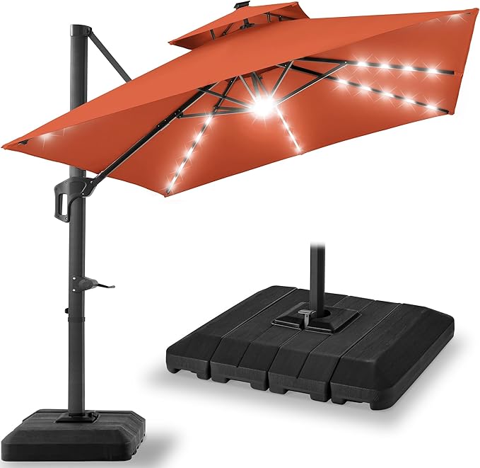 Best Choice Products 10x10ft Cantilever Patio Umbrella w/Base Included, Solar LED Lights 360 Rotation Large Offset Hanging Outdoor Shade for Deck Pool Backyard w/Stand – Rust BestChoiceProducts