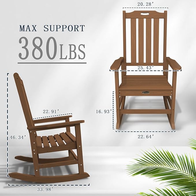 Oversized Rocking Chair, Outdoor Rocking Chair for Adults, All Weather Resistant Porch Rocker for Lawn Garden, Wood THOEOE