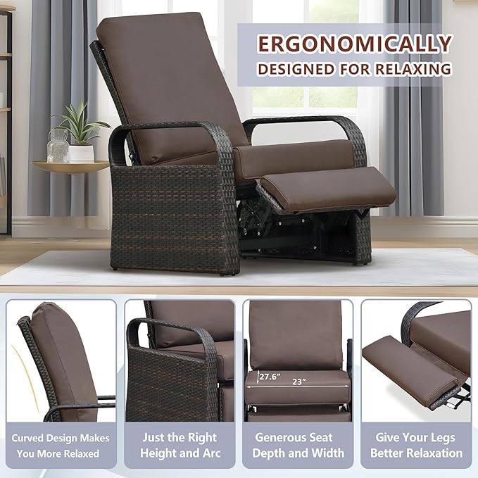 ATR ART TO REAL Outdoor Recliner, Outdoor Wicker Recliner Chair with 5.5'' Thickness Cushions, Automatic Adjustable Rattan Patio Chaise Lounge Chairs, Aluminum Frame, Anti-UV and Rustless ATRARTTOREAL