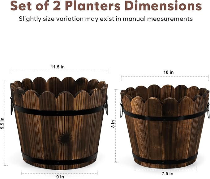 Wooden Barrel Planters Flower Pots for Indoor Outdoor Plants, 10+11.5 inch Rustic Patio Garden Front Porch Planters Plant Pots Outdoor Decor Set of 2 HakkaGirl