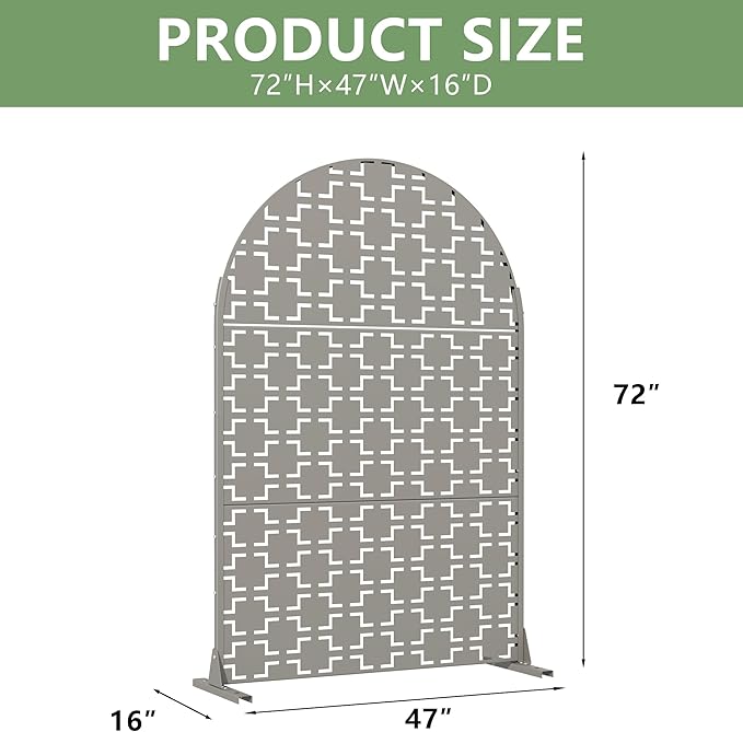 Casaphoria 72" H x 47" W Arched Metal Privacy Screen - Elegant Freestanding Outdoor Screen for Deck, Patio & Balcony - Versatile Decorative Privacy Panels for Home & Garden Use (Grey-Square) Casaphoria