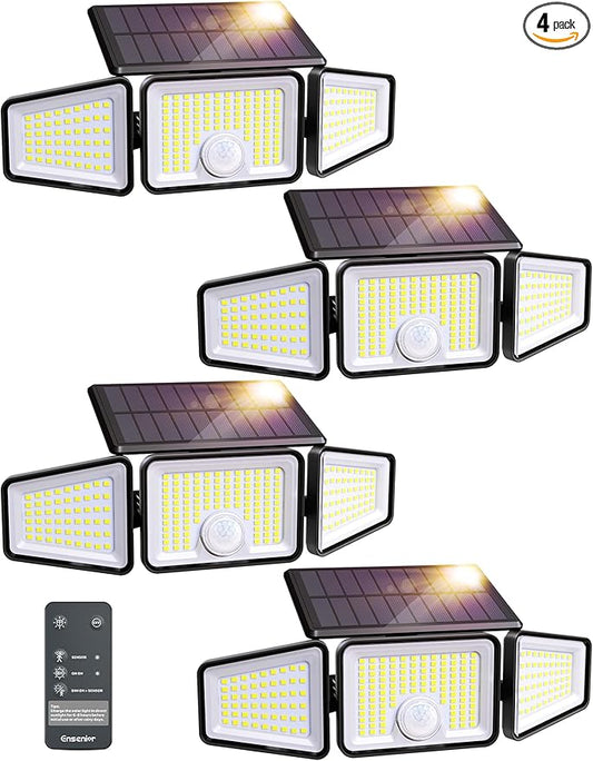 Ensenior Solar Lights Outdoor Motion Sensor, 2600LM 220 LED High Brightness, 3 Head 270° Wide Angle Flood Lights, Remote Control Security Lights 4 Modes, IP65 Waterproof Wireless Wall Light, 4 Pack Ensenior