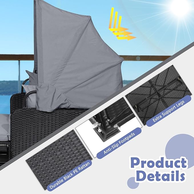 Tangkula Patio Rattan Daybed with Retractable Canopy, Outdoor Wicker Sunbed Lounger with 2 Foldable Side Tables, Thick Seat & Back Cushions, Outside Double Daybed for Garden, Backyard, Porch (Grey) TANGKULA