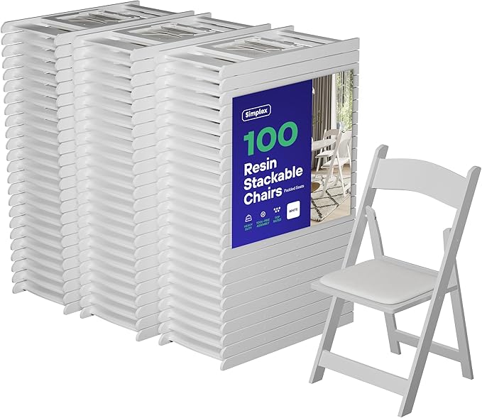 SIMPLEX 100 White Resin Stackable Chairs - Comfortable White Foldable Chair - Folding Chairs with Padded Seats - Indoor/Outdoor Folding Chairs for Events - Lightweight Foldable Chairs. (Set of 100) Simplex