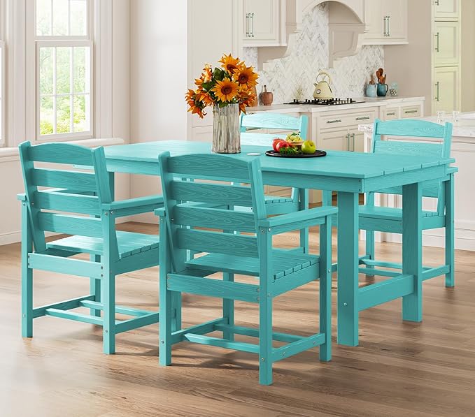 SERWALL Patio Table Set, 5-Piece Outdoor HDPE Furniture with Umbrella Hole, All Weather Dining Table and Chairs for Lawn, Garden, Poolside, Aruba SERWALL