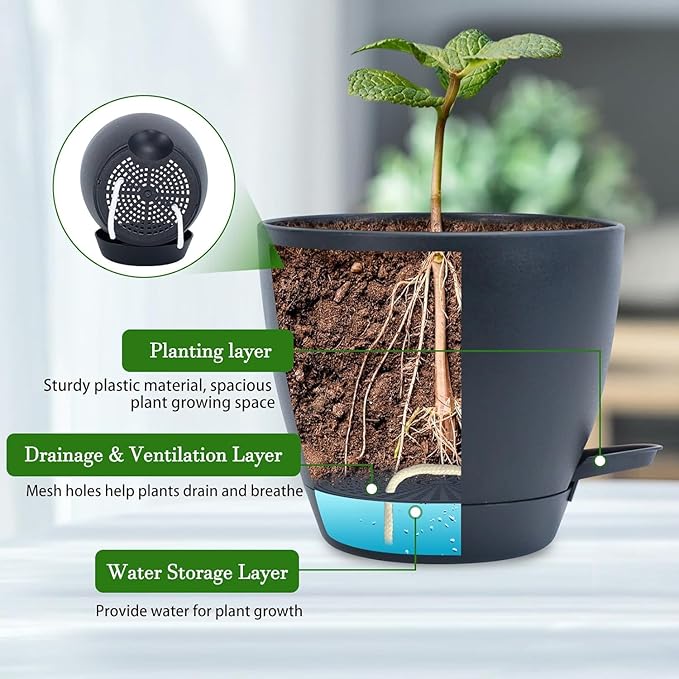 Hanging Planters for Indoor Plants, 2 Set Self Watering Hanging Flower Pots, Modern Hanging Plant Baskets with Metal Plant Holder & 6.5 Inch Plastic Pots for Garden Home Decor (Gold Frame Black Pot) Koalaime