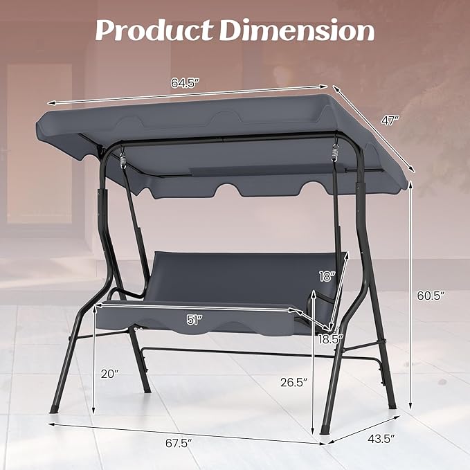 Tangkula 3 Person Porch Swing, Patio Swing with Removable Cushion & Powder-Coated Steel Frame, Outdoor Swing with Canopy for Porch, Backyard, Garden, Balcony (Gray) TANGKULA