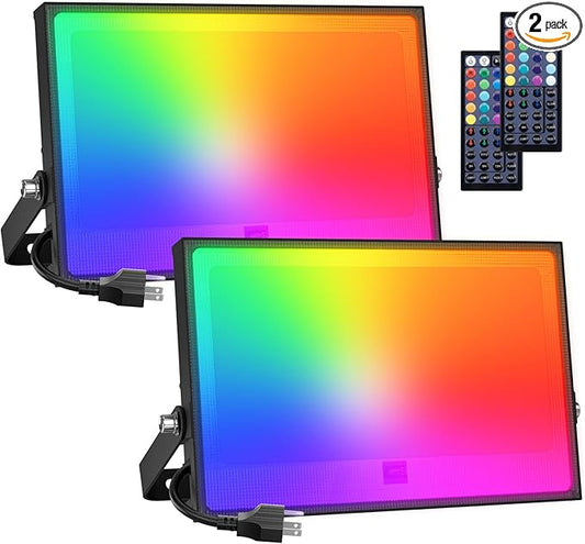 Onforu 2 Pack LED RGBW Flood Lights Outdoor 70W, 2700K Warm White Dimmable Million Color Changing Floodlight Waterproof with Remote, DIY Stage Lights Uplighting Indoor for Party Onforu