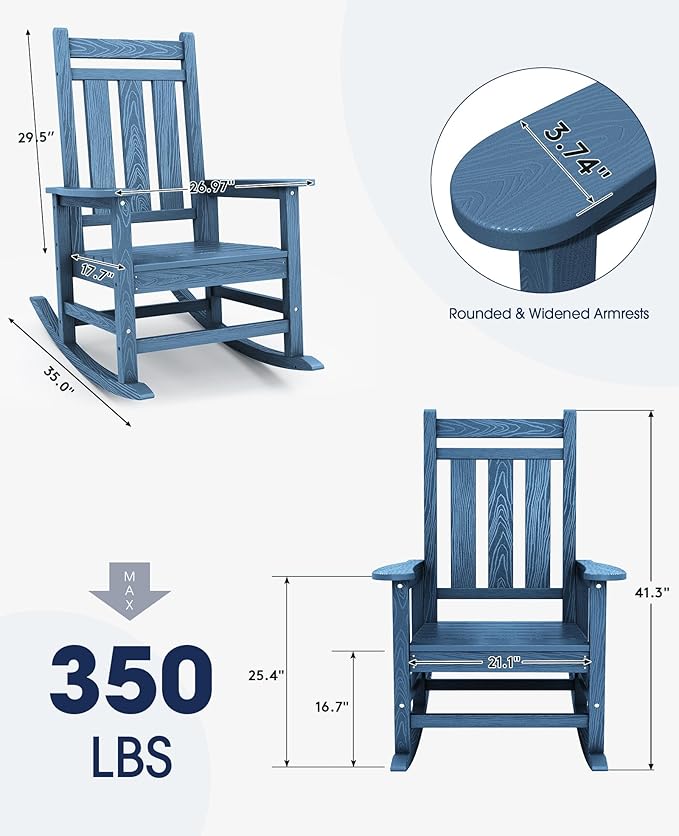 KINGYES Oversized Outdoor Rocking Chair Set of 2, All-Weather Patio Rocking Chairs for Porch, HDPE Outdoor Patio Rockers with High Back & Wide Seat for Garden, Lawn, Blue KINGYES